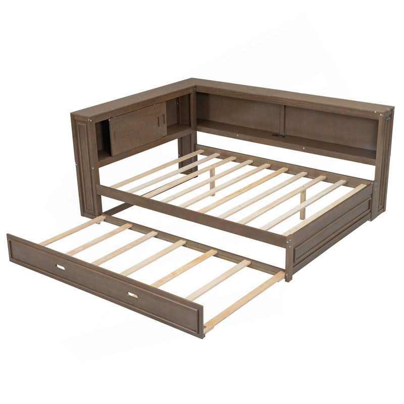 Lit de jour en bois pleine grandeur avec tablettes de rangement, USB, DEL et lit gigogne, couleur bois antique