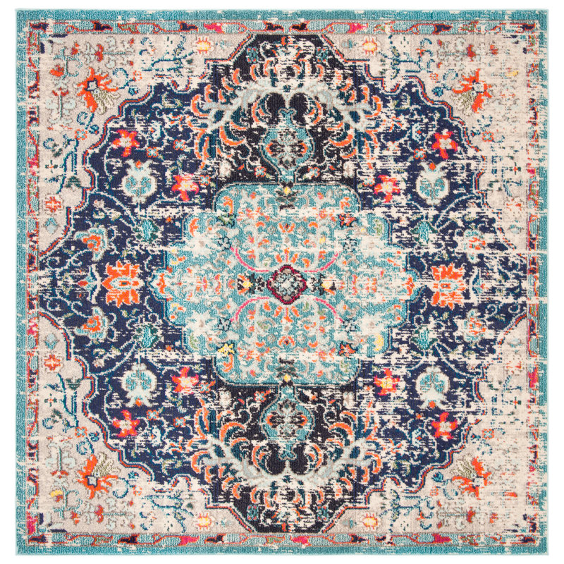 Felty Oriental Power Loom Polypropylene Area Rug in Black/Teal, Square 4'