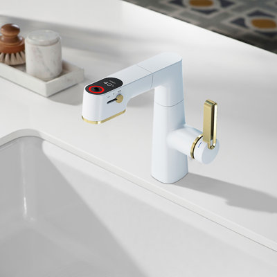 Single Hole Bathroom Faucet with Pull-Out Sprayer & LED Temperature Display – 360° Swivel, 3-Mode Spray, cUPC, Modern Sink Faucet (Matte Black / Brushed Nickel)
