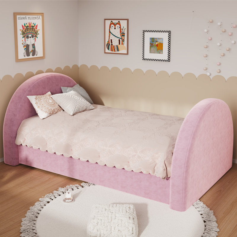 Lit de jour moderne et minimaliste rembourré avec gigogne gigogne et panneaux arrondis, Lit simple, Rose