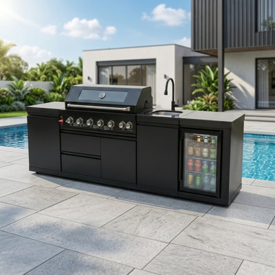 102" W 6-Burner 85000 Btu Gas Grill Island With Outdoor Rated Refrigerator And Sink And Storage Cabinet And Granite Countertop In Stainless Steel