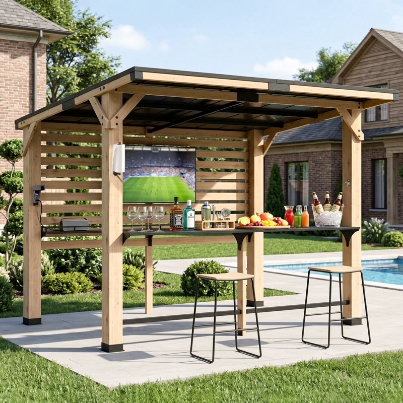 8'x10' Solid Cedar Wood Outdoor Bar & Grill Gazebo, Built-in Power Outlets & TV Mount for Backyard Deck Garden BBQ Parties