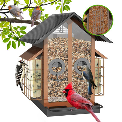 Metal Bird Feeder With Double Suet Cage Weatherproof Metal Roof