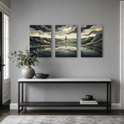 Art mural sur toile, ensemble de 3 montagnes géométriques et eau