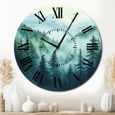Horloge murale en métal représentant un paysage de la forêt nationale de Banff au Canada - Brume matinale
