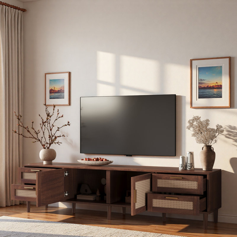 Meuble télé moderne avec 4 tiroirs, 2 rangements fermés et portes en rotin
