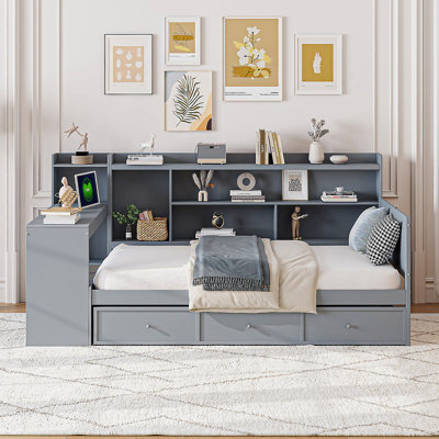 Lit de jour en bois avec 3 tiroirs, ports USB et bureau