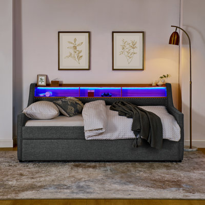 Twin Size Upholstery Sofa Bed With Three LED Lights, With Storage Adjustable Headboard, With Foldable Leg Pull Up Trundle Bed And Wireless Charging