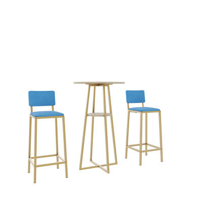 Bar table and chairs three piece set, gold frame, sponge made seat cushions and backrests by Mercer41