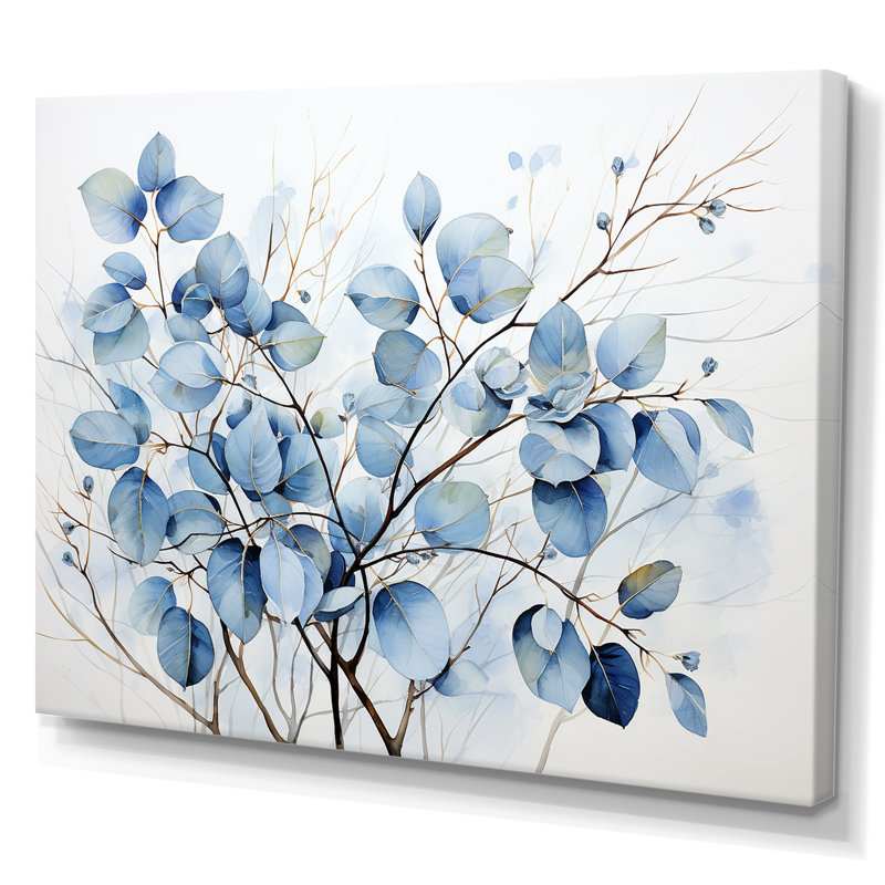 Art mural bleu et gris avec feuilles sur une branche III - feuilles, Toile tendue, H 12 po x l 20 po x P 1 po