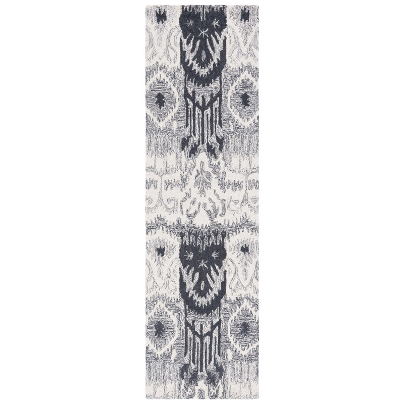 Tapis noir / ivoire en laine / coton touffeté à la main Ikat, Tapis de couloir 2 pi 3 po x 8 pi