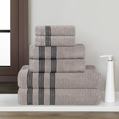 Zero Twist Cotton Ribbed Geometric Border 6-Piece Bathroom Towel Set