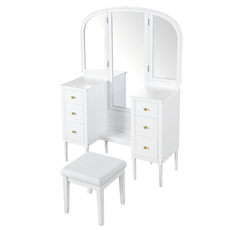 White Makeup Vanity With Triple Mirror, 6 - Drawer Organization, Comfortable Stool And Full Length Mirror For Bedroom Use Antique Style Storage Solution, Soft Cushioned