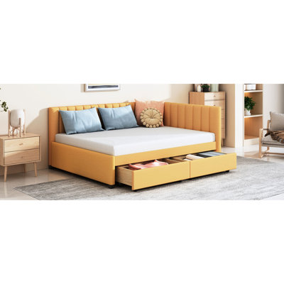 Lit de jour à 2 tiroirs en tissu de lin jaune, sans sommier, support solide avec compartiments, base stable