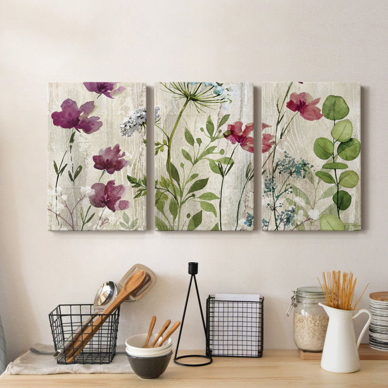 Meadow Flowers I - Toile tendue avec châssis de qualité supérieure - Prêt à être accroché, H 27 po x l 54 po x P 1 po