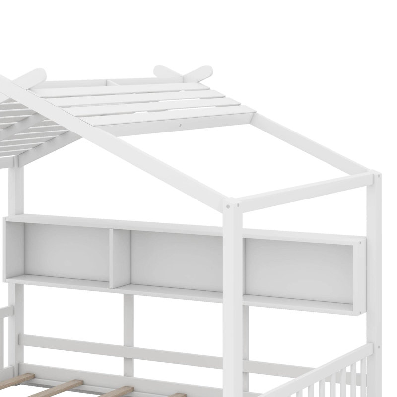 Lit double pleine grandeur avec tablettes de rangement, lit maisonnette avec toit, Double, Blanc