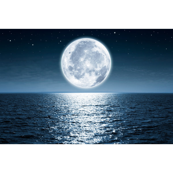 Super Full Moon Over The Sea I 12 in x 8 in Painting Canvas Art Print, by  Designart 