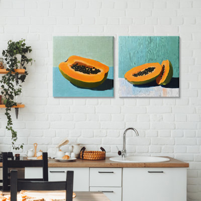 Papaya on Blue Still Life 2pc Canvas Set, design by Walker Noble