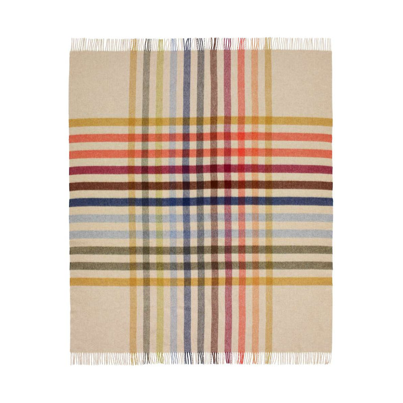 Jeté tissé en laine d'agneau Merino, Beige multicolore à carreaux