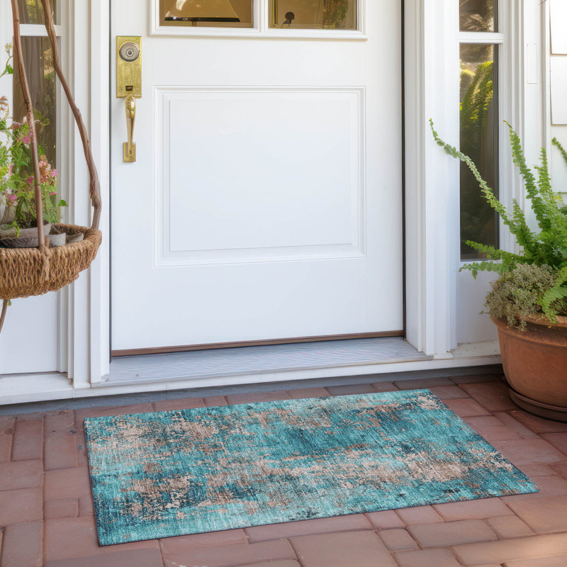 Tapis bleu sarcelle lavable à la machine intérieur / extérieur Xhevrie, Rectangle 1 pi 8 po x 2 pi 6 po