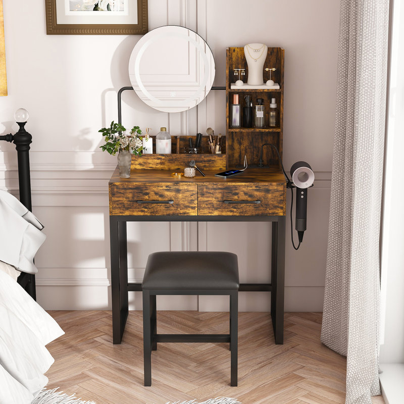 Coiffeuse ronde avec miroir DEL, interrupteur à 3 couleurs, 2 grands tiroirs, prise électrique et plateaux, brun, éclairage naturel/chaud/froid, grande prise, utilisation durable