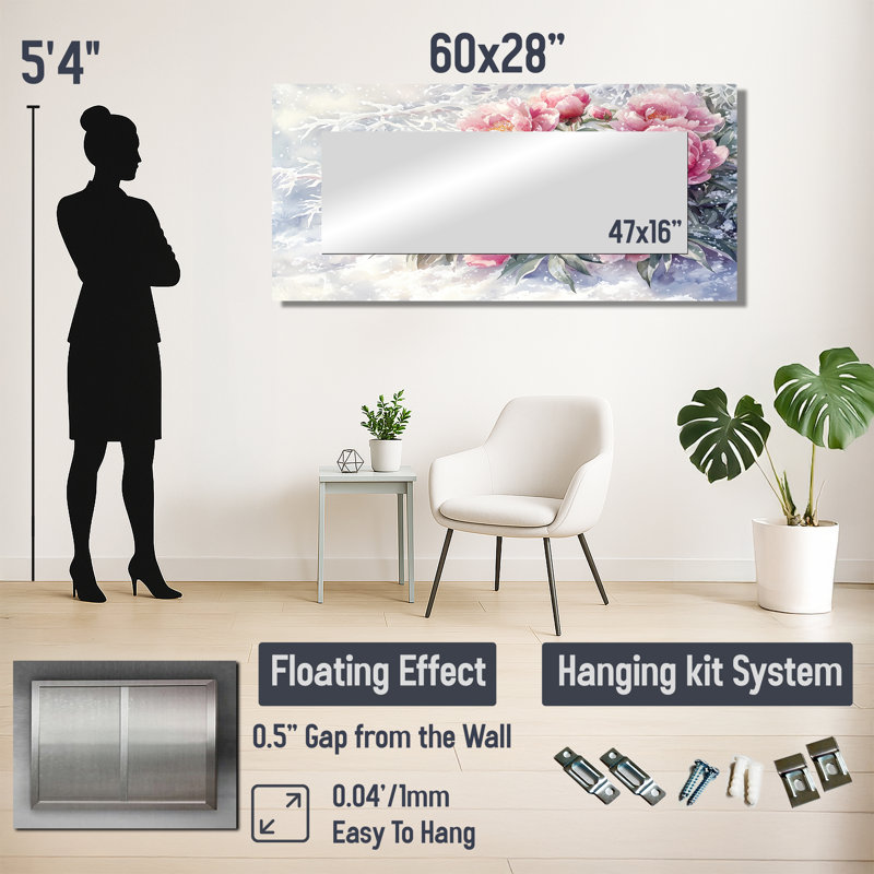 Pivoines dans la neige II - art mural miroir floral - imprimé sur métal, 28 po x 60 po