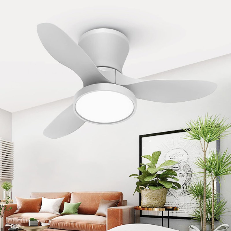 2pcs 32'' Blade Led Flush Mount Ceiling Fan With Remote Control And Light Kit Included, White