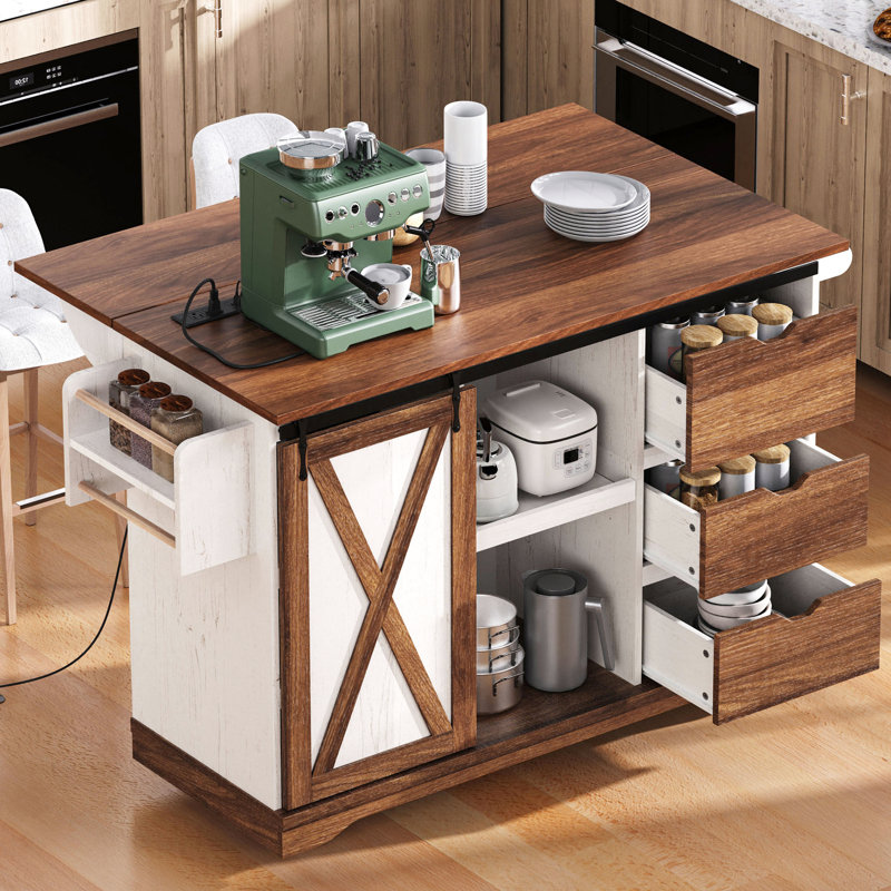 - Style 55.5" Kitchen Island With Drop Leaf, Spice Rack, And Storage Shelves For Dining Room Organization Adjustable Shelf