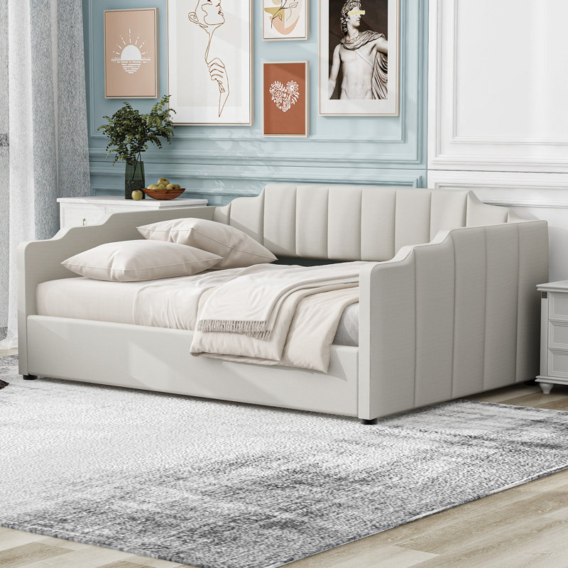 Lit de jour rembourré avec rangement inférieur, taille double, beige