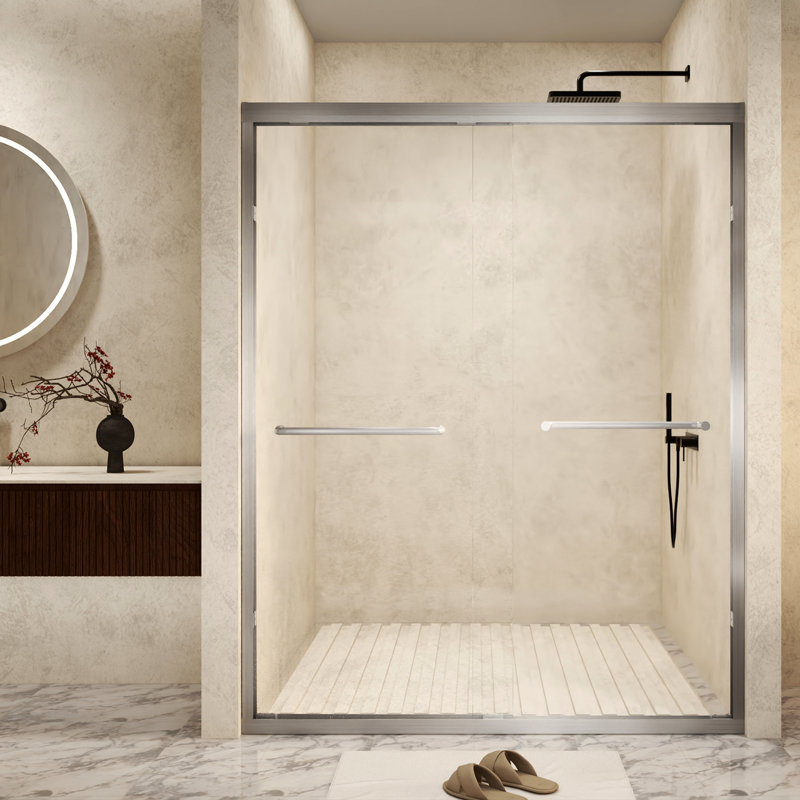 56-60 " X 72" Tempered Glass With Explosion Proof Film, Aluminum Frame Double Sliding Shower Door, "1/4 (6 Mm), Stainless Steel Handle