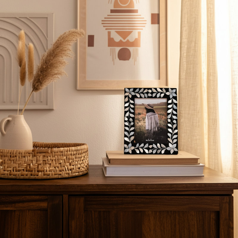 Shell Resin Wood Mother of Pearl Boho Picture Frame with Handcrafted Inlay Design and Nature Inspired Motif for Rustic and Eclectic Decor Styles