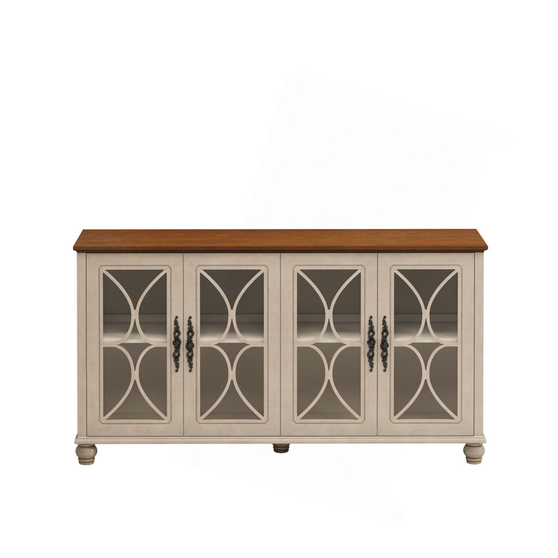Armoire élégante à 4 portes de style européen antique avec portes en verre trempé, facile à assembler, Beige