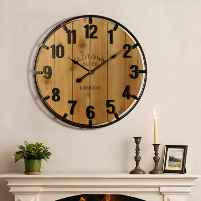 Farmhouse 24 Inch Wood Arabic Large Wall Clock with Metal Circle | Oversized Wood Decorative Wall Clock with Large Roman Numeral for Living Room/Bedrooms/Offices, Silent and Battery Operated