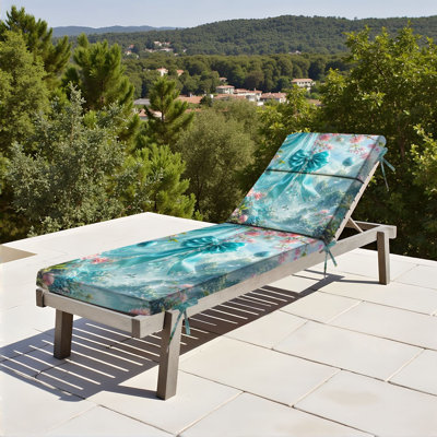 Coussin de chaise longue d'intérieur/extérieur de 72,5 po L × 21 po l × 3 po P (siège), épaisseur 3 po, motif paysage féerique et fleurs roses avec nœud turquoise, résistant à l'eau.