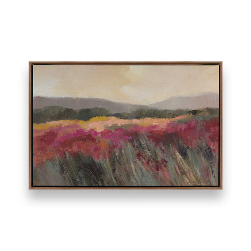 «Coral and Magenta Meadow» par Silvia Vassileva, reproduction d'art sur toile, H 18 po x l 24 po, Cadre flottant, Brun