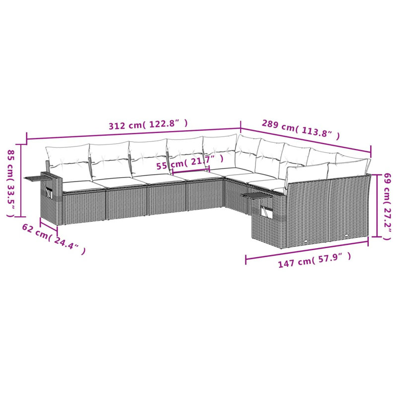 Ensemble de canapé de jardin Vidaxl PE rotin gris, acier thermolaqué grand modulaire