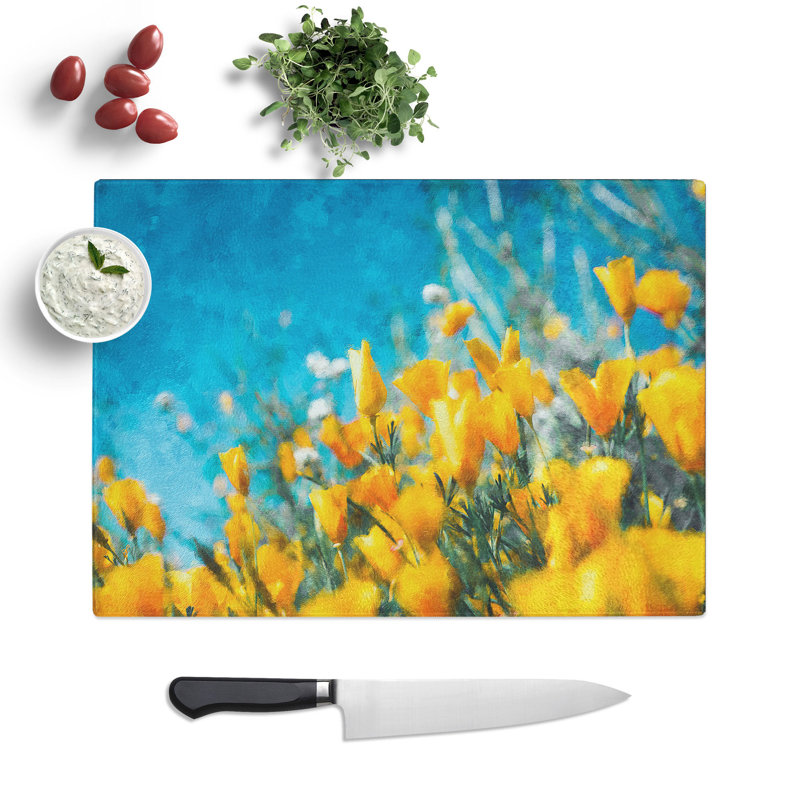 Tempered Glass Blooming Flowers Painting Chopping Board, 20 cm x 28.5 cm