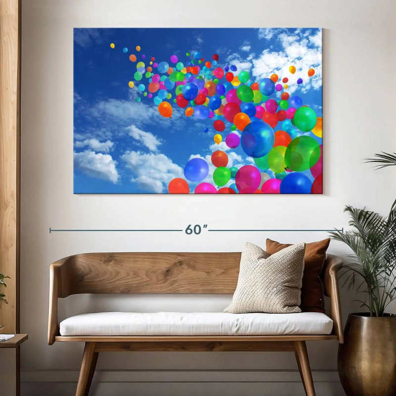 Ashelle vole des ballons colorés, H 34 po x l 51 po