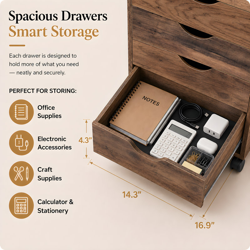 7-Drawer Mobile File Cabinet with Storage, Wood Storage Cabinet, Rolling Organizer for Office Supplies, Documents, Craft Materials, Home Office & Study