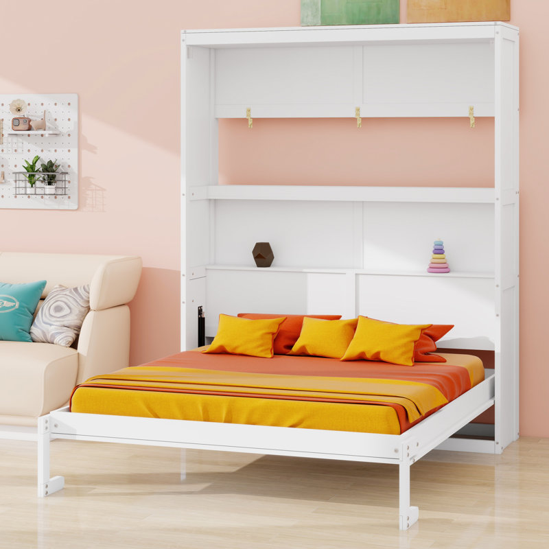 Lit escamotable mural peu encombrant avec tablettes intégrées, Blanc