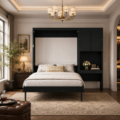 Modern Murphy Bed with Side Storage Cabinet, Built-in Desk, LED Lighting, and Rattan Arched Doors, Solid Wood & MDF Foldable Wall Bed System