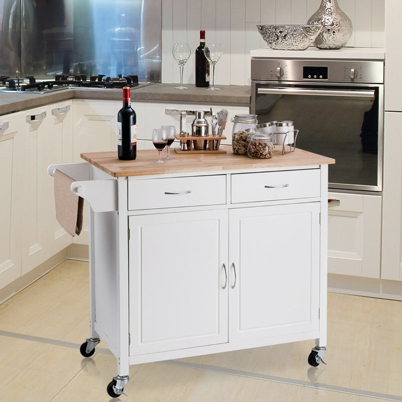 Omeara 43 " W Kitchen Cart with Solid Wood Top, White