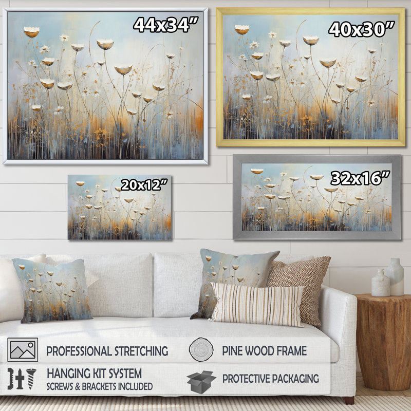 Beige Wildflowers Breeze IV sur toile, H 16 po x l 32 po x P 1 po, Cadre doré simple