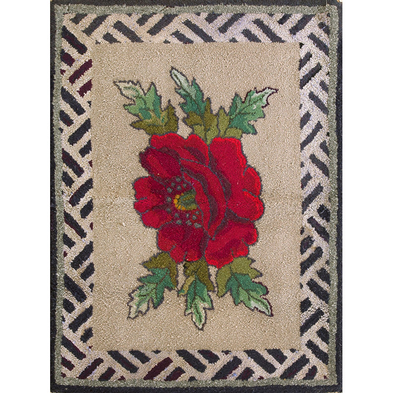Wool 1930s Ivory Beige Cream White Antique American Hooked Rug