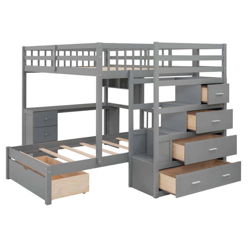 Lit superposé avec bureau, tiroirs et tablettes, gris