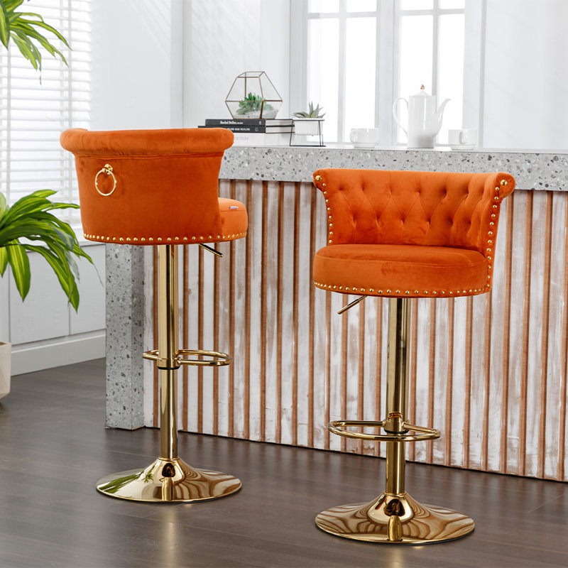 Swivel Upholstered Adjustable Height Counter Stool With Metal Base Set of 2, Orange