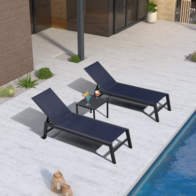 PURPLE LEAF Patio Chaise Lounge Set 2 Pieces Textilene Pool Lounge Chairs with Wheels Sunbathing Chair for Outdoor Yard (2 Navy Blue Lounges W/Side Table)