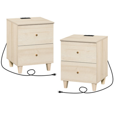 Ensemble de 2 tables de chevet avec 2 tiroirs et station de charge, table de chevet avec pieds en bois massif