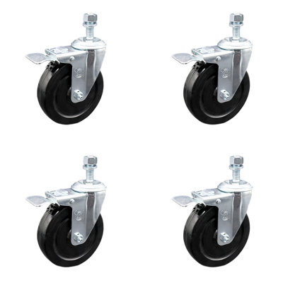 5 Inch SS Hard Rubber Swivel 10mm Threaded Stem Caster Set Total Lock Brake