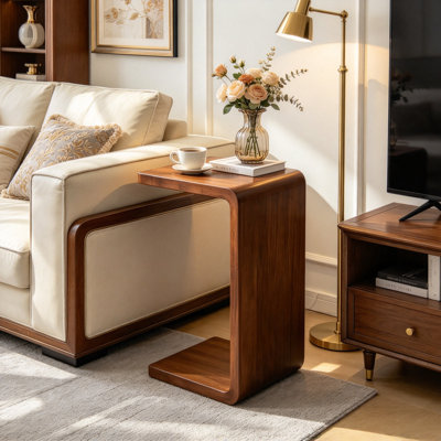 13.8" C Shaped Rubber Wood Side Table, 2-in-1 Convertible End Table, Walnut Finish Snack Laptop Table for Living Room